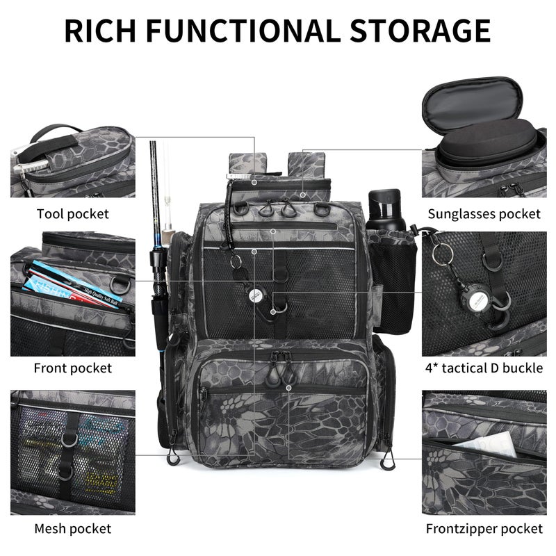 Rabjen Fishing Tackle Backpack with Rod Holders, Bottle Holder, Storage Bag Store Fishing Gear - Image 2