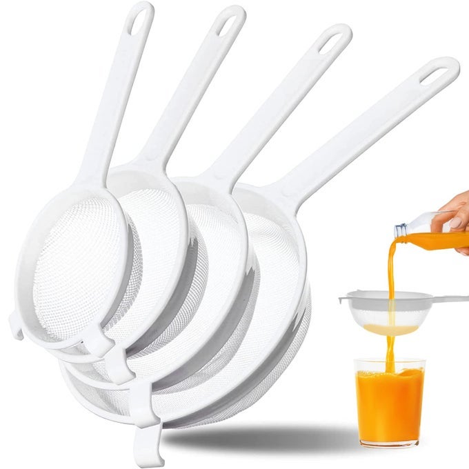 4 PCS PLASTIC NYLON FINE MESH STRAINER WITH HANDLE SIEVE FINE MESH COLANDER FLOUR SIFTER FOR YOGURT BAKING KITCHEN KEFIR TEA JUICE PASTA