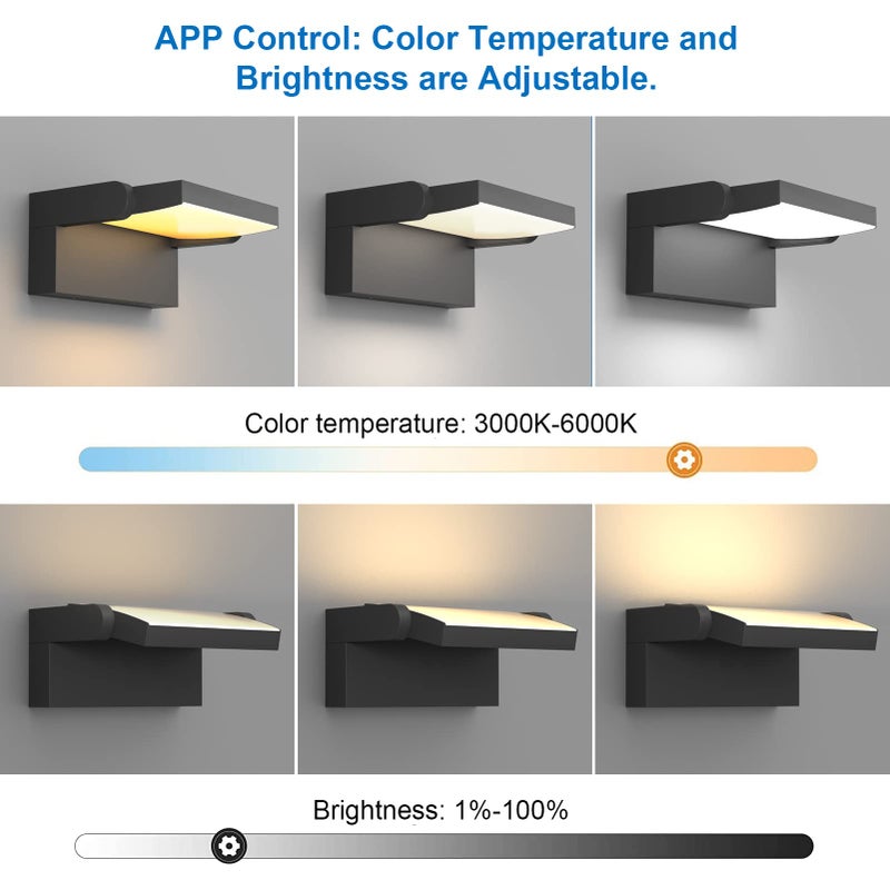 Klighten Klighten 24W Dimmable Wall Light LED Outdoor Indoor, APP Control Waterproof IP65 Adjustable Wall Lamp Aluminum, Modern Outside Light Mains Powered for Entrance Garden Hallway, Black, 3000K-6000K  - Image 2