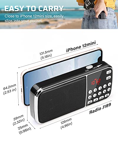 PRUNUS J-189 Bluetooth AM FM Radio, Small Portable Radios - Dual Speaker Heavy Bass, LED Flashlight, Pocket Size, TF Card USB AUX MP3 Player, Rechargeable Battery Operated Small Radio(Black) - Image 2