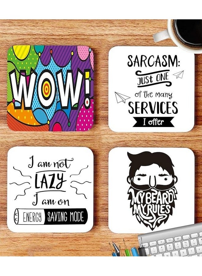 OUTFITQUE Funny Quotes Inspired Printed Coasters with Beautiful Metal Stand/Holder (MDF Wooden, Set of 4, 3.5x3.5 Inch, Square) for [ Tea/Coffee/Mug/ ] Quotes, Funny (Multi 1) - Image 2