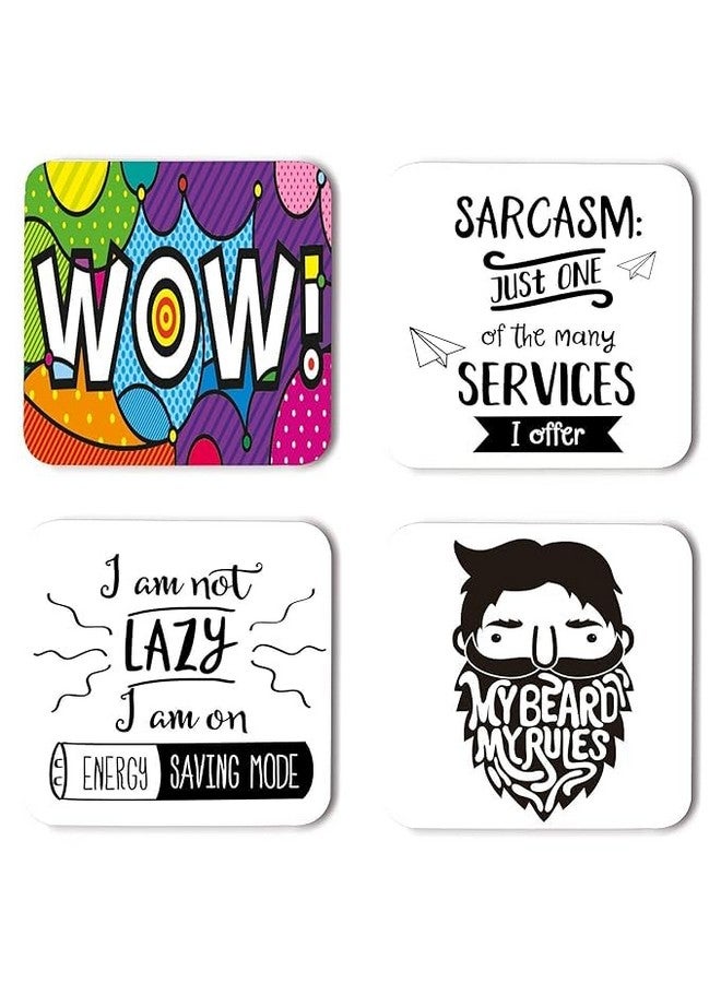 OUTFITQUE Funny Quotes Inspired Printed Coasters with Beautiful Metal Stand/Holder (MDF Wooden, Set of 4, 3.5x3.5 Inch, Square) for [ Tea/Coffee/Mug/ ] Quotes, Funny (Multi 1) - Image 1