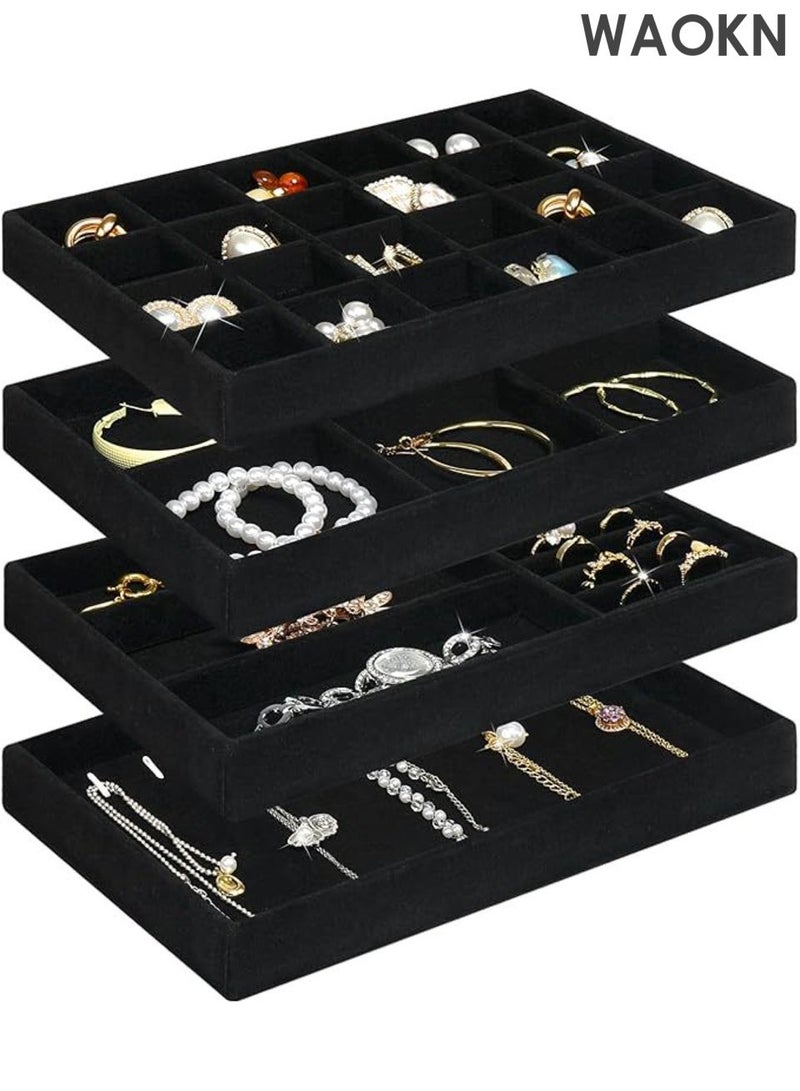 دبليو أيه أو كي أن 4 قطع من صواني تنظيم المجوهرات القابلة للتكديس، منظم الأدراج وحافظة عرض المجوهرات، حاوية تخزين للأقراط والقلائد والخواتم والأساور مع فواصل قابلة للإزالة، أحجام متعددة، صندوق تخزين مجوهرات مخملي، أسود. - Image 1