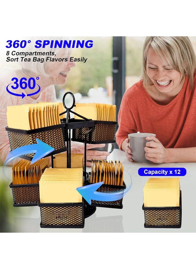 Tea Bag Organizer Storage Holder 360-Degrees Spinning Carousel, 8 Compartments TeaBags Display Rack with Lazy Susan Platform for Kitchen, Home, Office Coffee Bar Counter (Black)