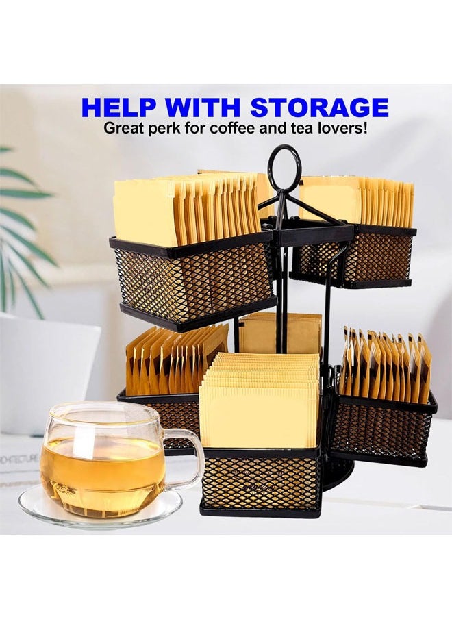 Tea Bag Organizer Storage Holder 360-Degrees Spinning Carousel, 8 Compartments TeaBags Display Rack with Lazy Susan Platform for Kitchen, Home, Office Coffee Bar Counter (Black)