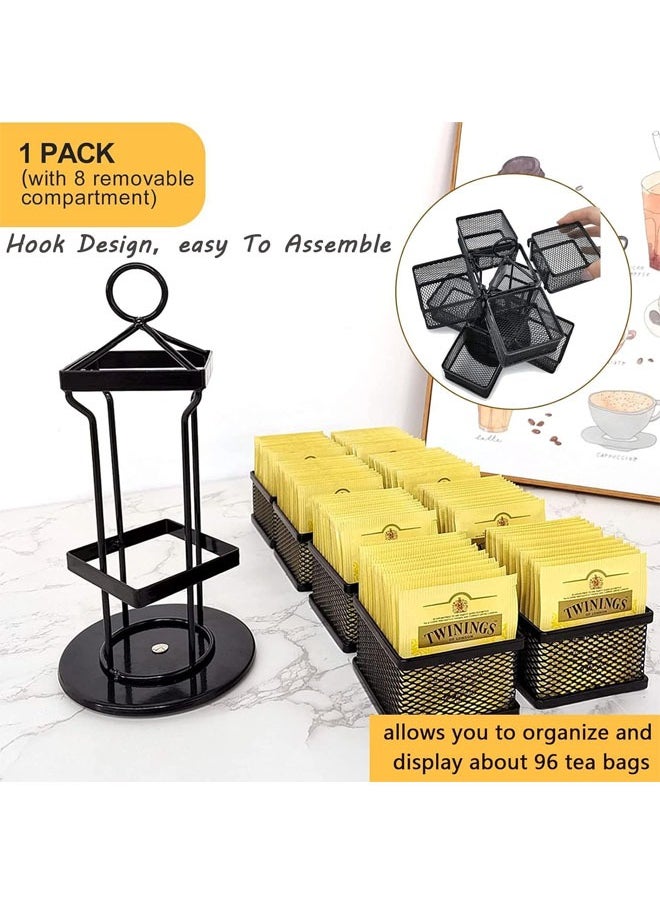 Tea Bag Organizer Storage Holder 360-Degrees Spinning Carousel, 8 Compartments TeaBags Display Rack with Lazy Susan Platform for Kitchen, Home, Office Coffee Bar Counter (Black)