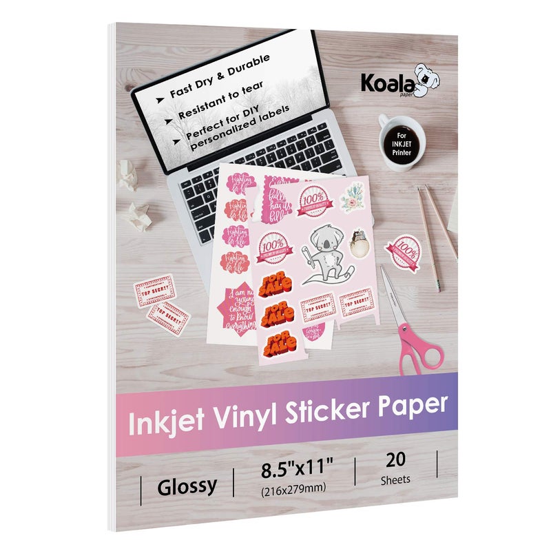 KOALA PAPER Koala Printable Vinyl Sticker Paper for Inkjet Printers - 20 Sheets Glossy White Water-Resistant Adhesive Label Paper - 8.5x11 Inch, Tear-Resistant, Removable - Image 1