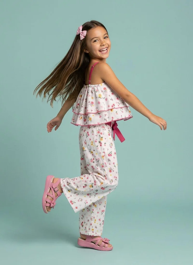 نوتيناتي Nautinati Girls 100% Cotton Floral Printed Crop Top With Wide Leg Bottom Co-Ord Set