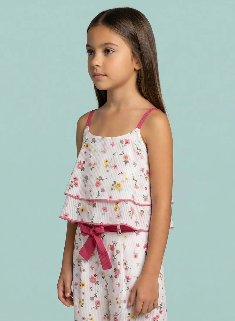 نوتيناتي Nautinati Girls 100% Cotton Floral Printed Crop Top With Wide Leg Bottom Co-Ord Set