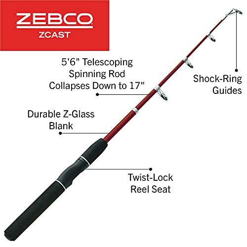 Zebco Z-Cast Spinning Fishing Rod, Extendable 17-Inches to 5-Foot 6-Inch Telescopic Durable Z-Glass Fishing Pole, Comfortable EVA Rod Handle, Shock-Ring Guides, Medium Power, Red - Image 2