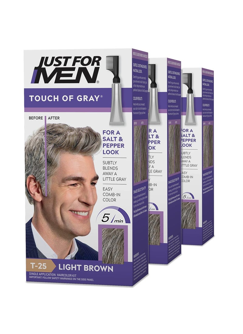 Just For Men Just For Men Touch of Gray Mens Hair Color Kit with Comb Applicator for Easy Application Great for a Salt and Pepper Look  Light Brown T25 Pack of 3 