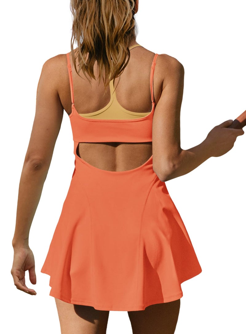 Yanekop Womens Tennis Dress with Built in Shorts and Bra Athletic Dresses Golf Outfits Spaghetti Strap Workout Dress(Orange,M) - Image 4