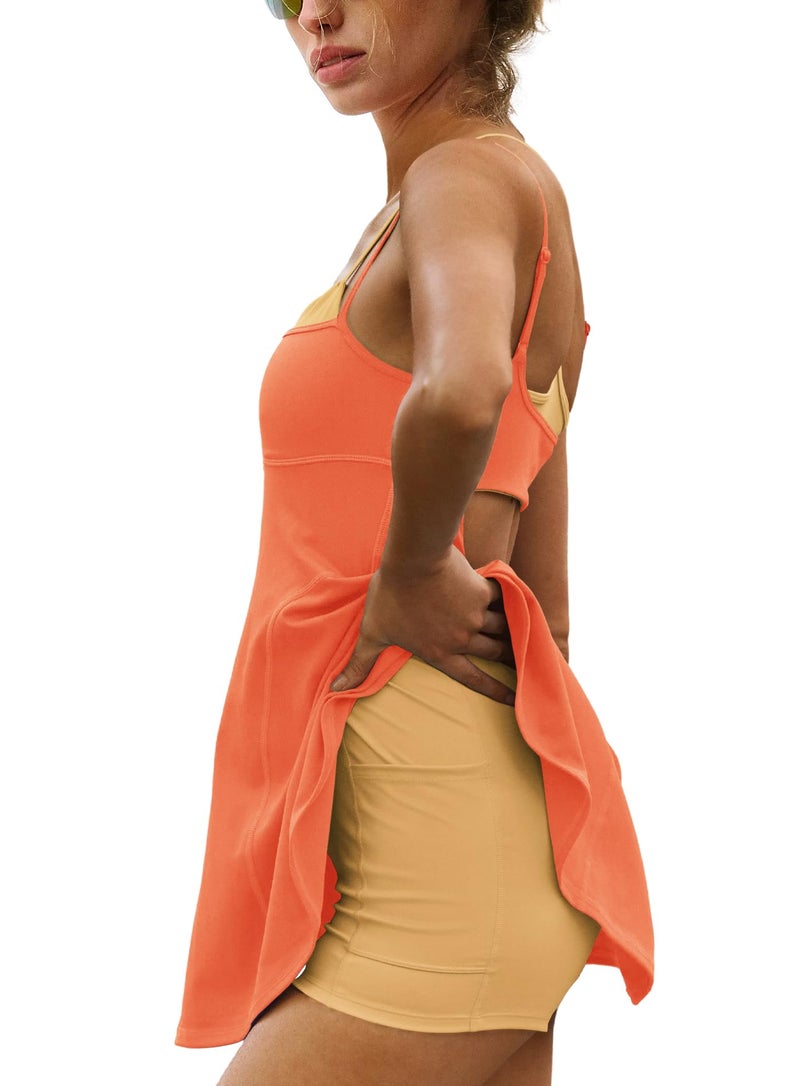 Yanekop Womens Tennis Dress with Built in Shorts and Bra Athletic Dresses Golf Outfits Spaghetti Strap Workout Dress(Orange,M) - Image 2