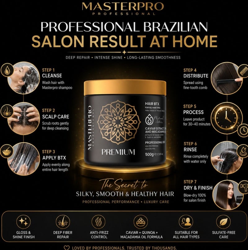 Masterpro Professional | Premium Hair BTX Treatment 500g | Caviar Extract, Quinoa & Macadamia Oil | Anti-Frizz Deep Repair | Gloss & Shine | Sulfate-Free Hair Treatment for All Hair Types - Image 5