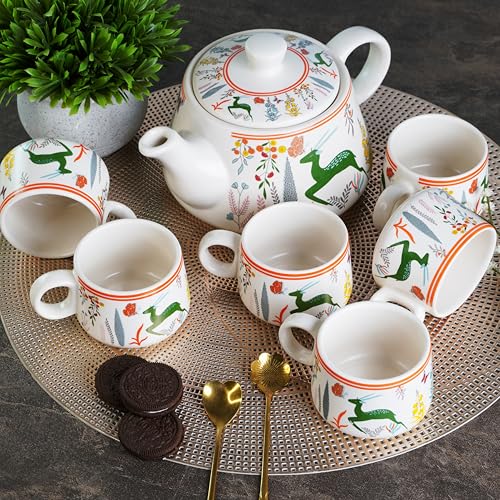 CRAF10 Ceramic Handcrafted Green Stag Printed Tea Morning Set - 1 Kettle (1 Litre) & 6 Cups (160 ML) | Microwave & Dishwasher Safe | Teapot | Tea Sets with Kettle for Gifting - Image 1