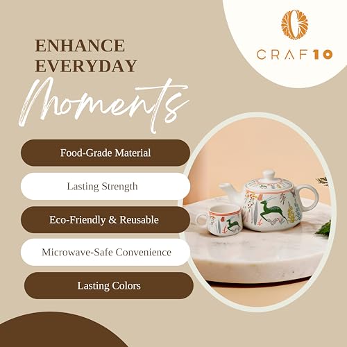 CRAF10 Ceramic Handcrafted Green Stag Printed Tea Morning Set - 1 Kettle (1 Litre) & 6 Cups (160 ML) | Microwave & Dishwasher Safe | Teapot | Tea Sets with Kettle for Gifting - Image 4