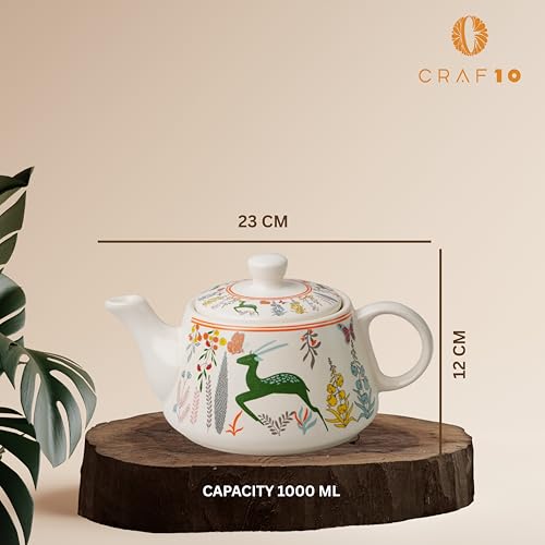 CRAF10 Ceramic Handcrafted Green Stag Printed Tea Morning Set - 1 Kettle (1 Litre) & 6 Cups (160 ML) | Microwave & Dishwasher Safe | Teapot | Tea Sets with Kettle for Gifting - Image 3