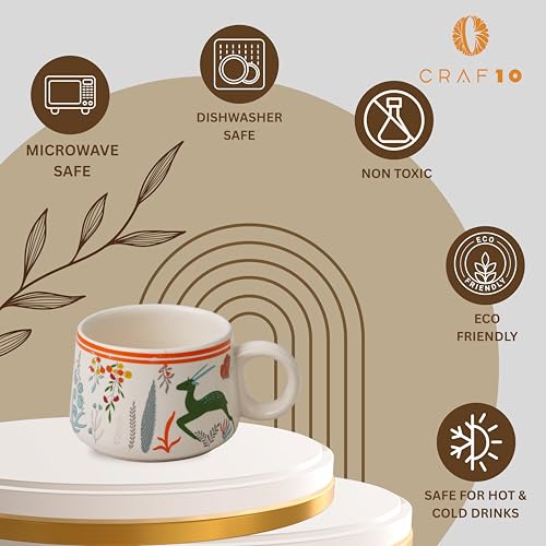 CRAF10 Ceramic Handcrafted Green Stag Printed Tea Morning Set - 1 Kettle (1 Litre) & 6 Cups (160 ML) | Microwave & Dishwasher Safe | Teapot | Tea Sets with Kettle for Gifting - Image 5