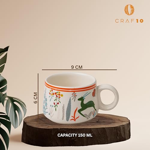 CRAF10 Ceramic Handcrafted Green Stag Printed Tea Morning Set - 1 Kettle (1 Litre) & 6 Cups (160 ML) | Microwave & Dishwasher Safe | Teapot | Tea Sets with Kettle for Gifting - Image 2