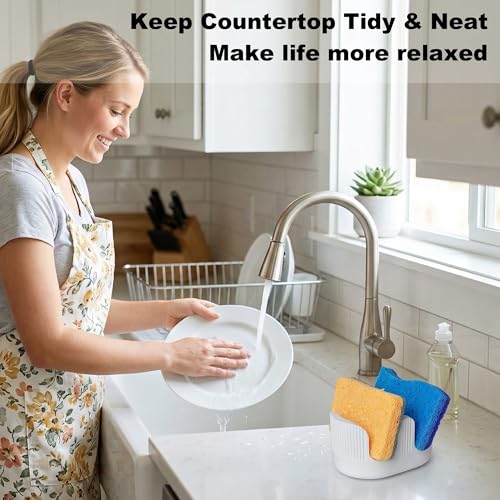 BekPooQ Ultra Absorbent Stone Sponge Holder for Kitchen Sink, 2 Slot Diatomite Dish Brush Sponge Holder, Diatomite Stone Sink Tray, Rustproof Sinks Caddy for Countertop, Double, White - Image 2