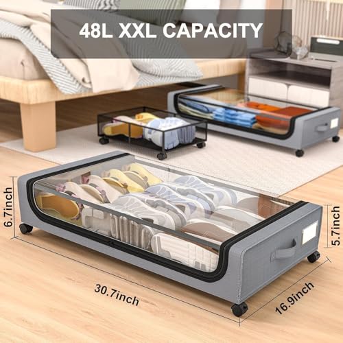 Home-Cloud HomeCloud Under Bed Storage Solution | Featuring Wheels, Containers and 6.5 Inch High Rolling Shoe Storage with Lid, Ideal for Small Space Organization and Clothes Storage (R_Grey, Set of 1) - Image 2