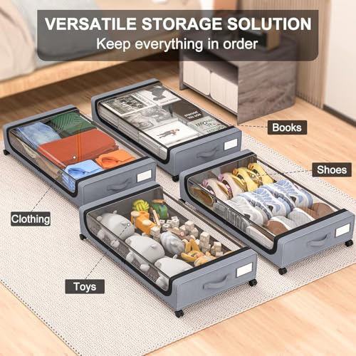 Home-Cloud HomeCloud Under Bed Storage Solution | Featuring Wheels, Containers and 6.5 Inch High Rolling Shoe Storage with Lid, Ideal for Small Space Organization and Clothes Storage (R_Grey, Set of 1) - Image 5