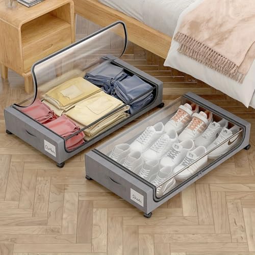Home-Cloud HomeCloud Under Bed Storage Solution | Featuring Wheels, Containers and 6.5 Inch High Rolling Shoe Storage with Lid, Ideal for Small Space Organization and Clothes Storage (R_Grey, Set of 1) - Image 1