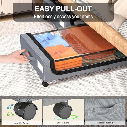 Home-Cloud HomeCloud Under Bed Storage Solution | Featuring Wheels, Containers and 6.5 Inch High Rolling Shoe Storage with Lid, Ideal for Small Space Organization and Clothes Storage (R_Grey, Set of 1) - Image 3