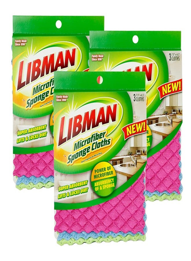 Libman 1482 Microfiber Sponge Cloths - Combines The Best of a Sponge and Dish Cloth, Includes 3 Packs of 3 Sponge Cloths (9 Total Sponge Cloths), Pink, Blue and Green, 7.5 in. x 6.5 in. - Image 1