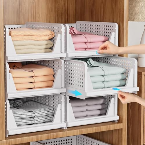 VERAT 6 Pieces Wardrobe Organizer/Stackable Drawers/Storage Organiser/Foldable/Almirah/Closet Basket/Cupboard/Shirt Storage Stacker/Cloth Box for Almirah/Plastic Baske(White) - Image 1