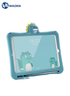 Shockproof Silicone Stand Cute Dinosaur Theme Cover with Apple Pencil Slot for Ipad 2019/20 and Ipad 20 Pro Blue