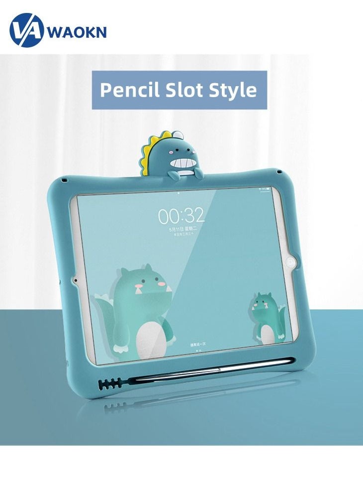 WAOKN - Shockproof Silicone Stand Cute Dinosaur Theme Cover with Apple Pencil Slot for Ipad 2019/20 and Ipad 20 Pro Blue - Image 1