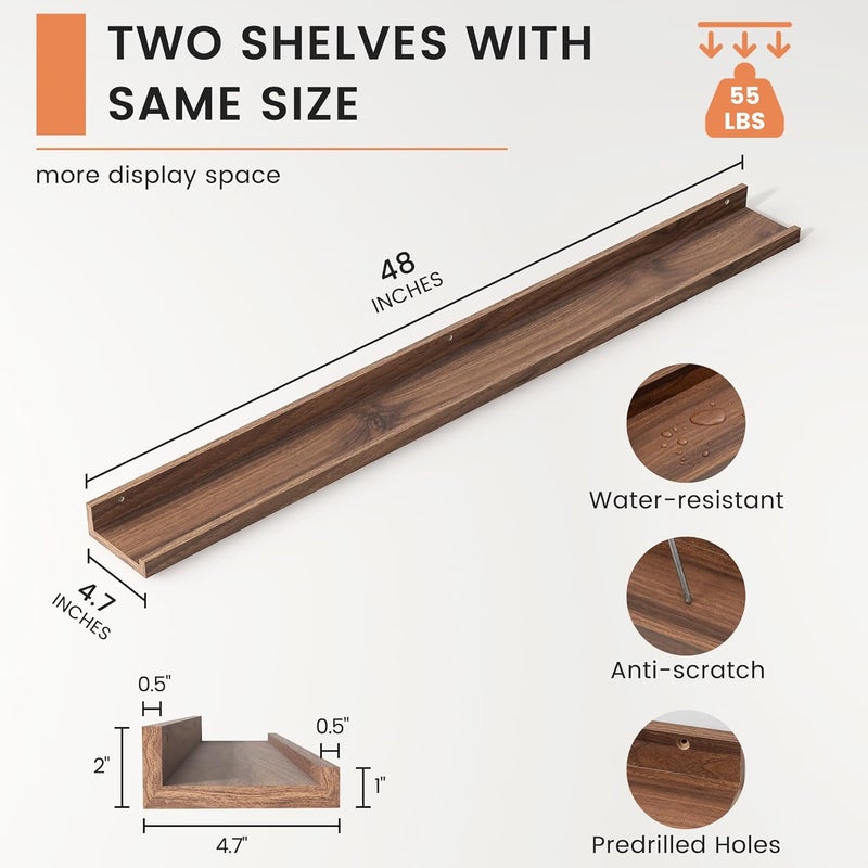 FLYJOE Picture Ledge Shelf, Floating Shelves Set of 2, 48 Inches Long Large Nursery Book Shelves for Toys Storage, Kids Bookshelf Wall Mounted for Living Room Bedroom Decor Books Photo Frames, Walnut - Image 3
