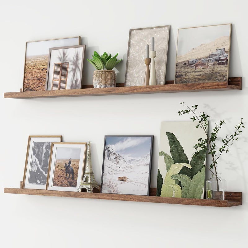 FLYJOE Picture Ledge Shelf, Floating Shelves Set of 2, 48 Inches Long Large Nursery Book Shelves for Toys Storage, Kids Bookshelf Wall Mounted for Living Room Bedroom Decor Books Photo Frames, Walnut - Image 1