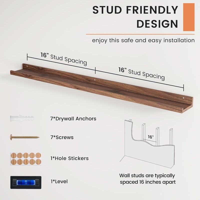FLYJOE Picture Ledge Shelf, Floating Shelves Set of 2, 48 Inches Long Large Nursery Book Shelves for Toys Storage, Kids Bookshelf Wall Mounted for Living Room Bedroom Decor Books Photo Frames, Walnut - Image 5