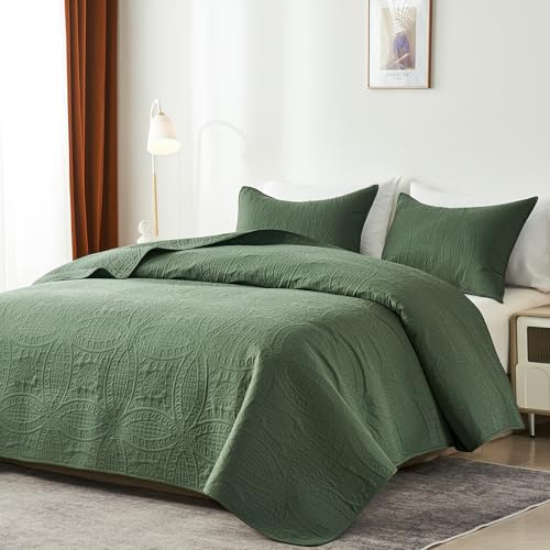 akkialla King Quilt Bedding Set,Olive Green Ultrasonic King/Cal King Quilt Set,Lightweight Soft Bedspread Coverlet,Modern Style Coin Pattern Bed Cover for All Seasons,3 Piece(1 Quilt,2 Pillow Shams) - Image 2