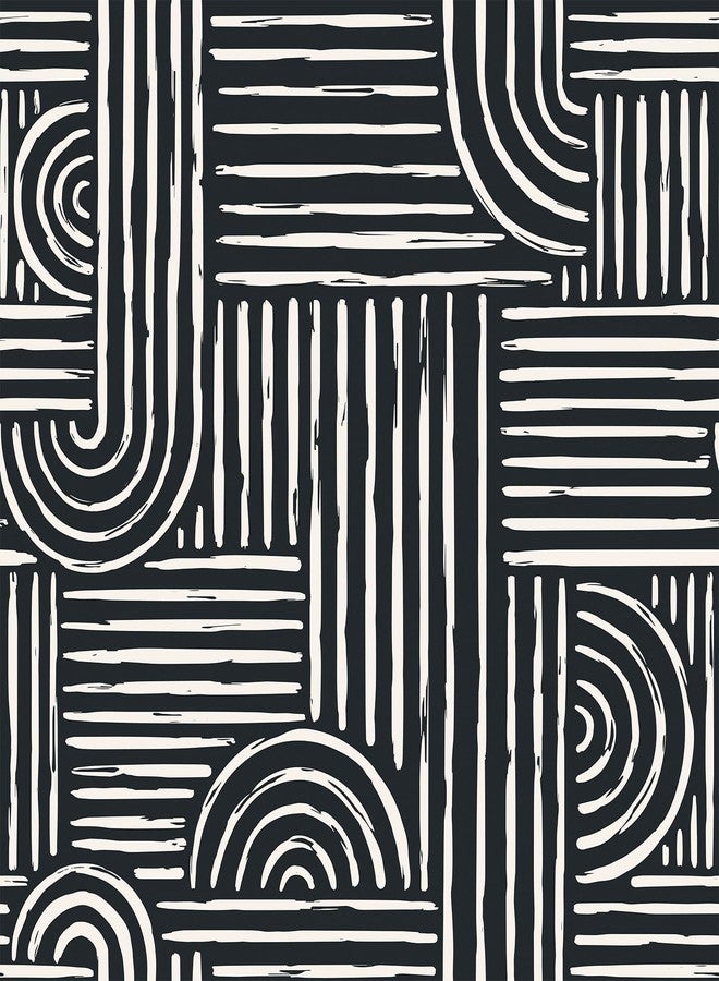 LaCheery Black and White Geometric Wallpaper Black and White Mid Century Modern Peel and Stick Wallpaper Geometric Abstract Line Stripe Wall Paper for Bathroom Walls Waterproof Contact Paper 17.5"x79" - Image 1
