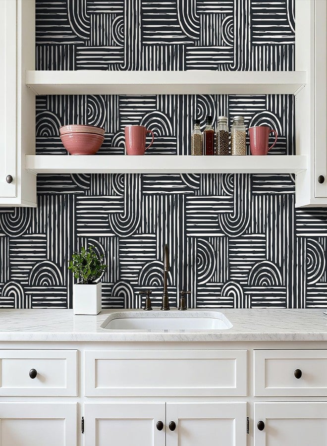 LaCheery Black and White Geometric Wallpaper Black and White Mid Century Modern Peel and Stick Wallpaper Geometric Abstract Line Stripe Wall Paper for Bathroom Walls Waterproof Contact Paper 17.5"x79" - Image 3