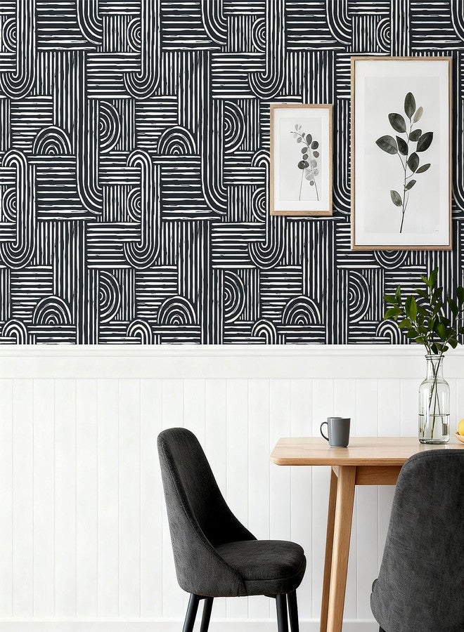 LaCheery Black and White Geometric Wallpaper Black and White Mid Century Modern Peel and Stick Wallpaper Geometric Abstract Line Stripe Wall Paper for Bathroom Walls Waterproof Contact Paper 17.5"x79" - Image 2