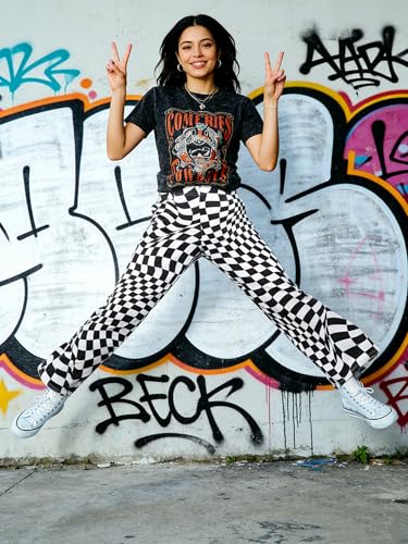 IWOLLENCE Women's Twisted Checkered Pants High Waist Wide Legs Funny Optical Art Patterned Pant Casual Preppy Teacher Trousers with Pockets Black White, M - Image 2