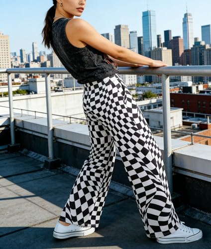 IWOLLENCE Women's Twisted Checkered Pants High Waist Wide Legs Funny Optical Art Patterned Pant Casual Preppy Teacher Trousers with Pockets Black White, M - Image 3