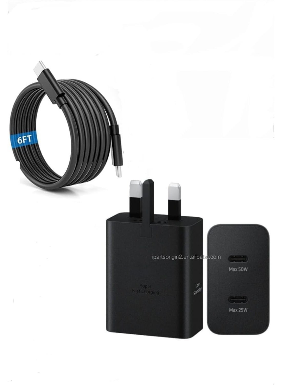 50W USB-C Fast Charger with 1.8M Type-C Cable, UK Plug Wall Charger for USB-C Devices, Fast Charging Adapter Compatible with Galaxy Series Smartphones & Tablets, Black