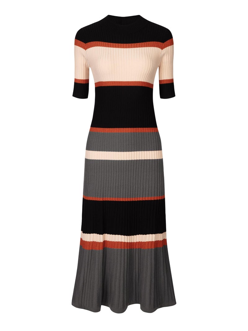 Hobemty Women's Striped Midi Dress Short Sleeve Basic Knitted A-Line Dress XX-Large Orange - Image 1