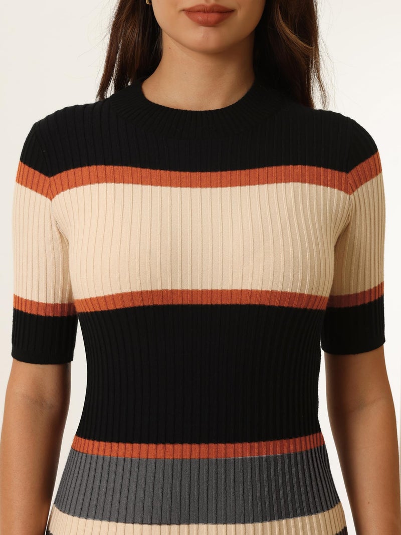 Hobemty Women's Striped Midi Dress Short Sleeve Basic Knitted A-Line Dress XX-Large Orange - Image 4