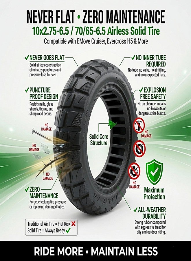 transpro us inc 10x2.75-6.5 ~ 70/65-6.5 Also Fit 10x2.70-6.5 Airless Solid Scooter Tire - Never Flat, Non-Puncture Tubeless Replacement for EMove Cruiser, Evercross H5 & More - Image 3