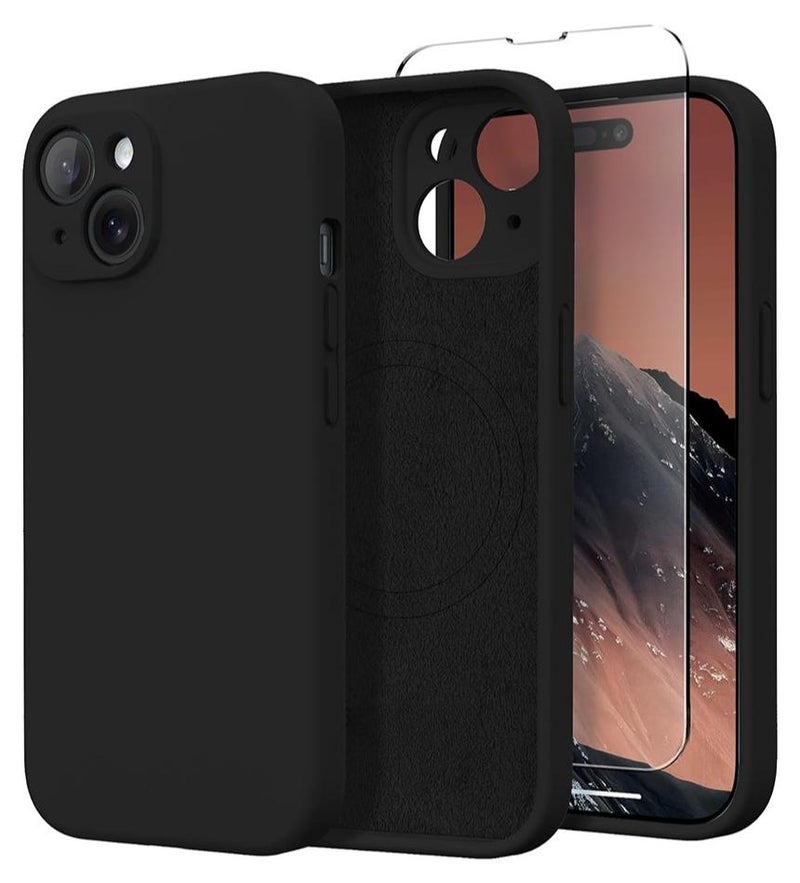 WRISTWISE Case Cover for iPhone 15 Plus with Tempered Glass Screen Protector (1 Pcs), Compatible with MagSafe, [Full Camera Protection] Silicone Shockproof Protective Phone Case for iPhone 15 Plus 6.7", Black - Image 1