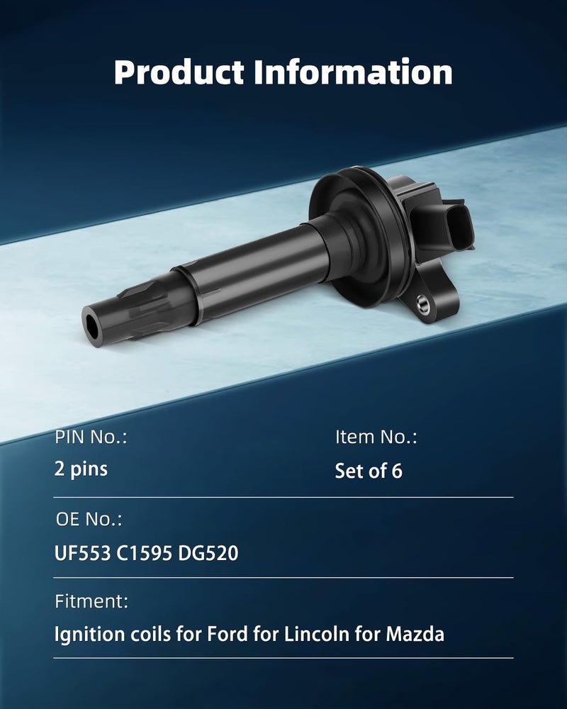ECCPP Set of 6 Ignition Coils Pack for Ford Edge Flex Fusion for Mustang Taurus for Lincoln MKS MKT MKK for Mazda CX-9 Sable UF-553 UF-595 5C1652 E1053 - Image 3