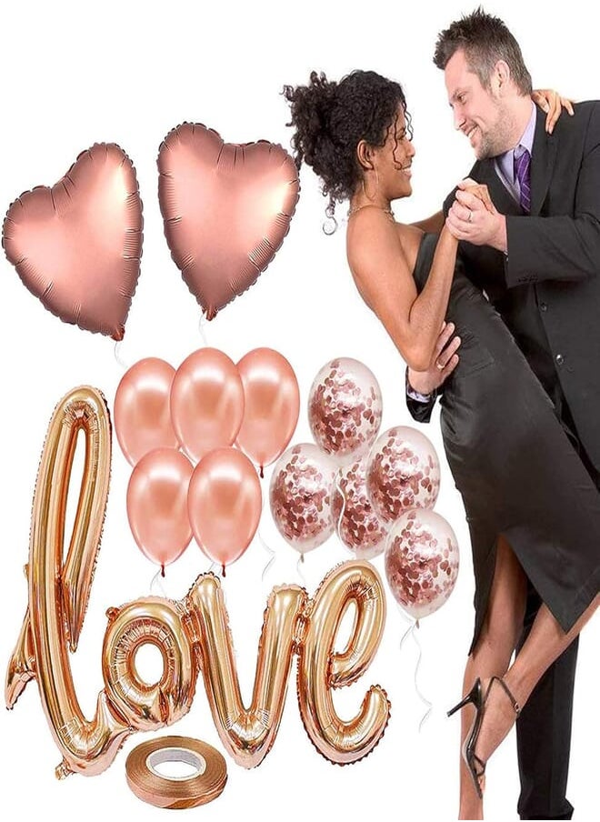 SAPU SAPU 13pcs Rose Gold Big Ligatures Love latter Xenon Latex Foil Romantic Balloon Set Heart Confetti Balloons for Occasions, Party Supplies 
