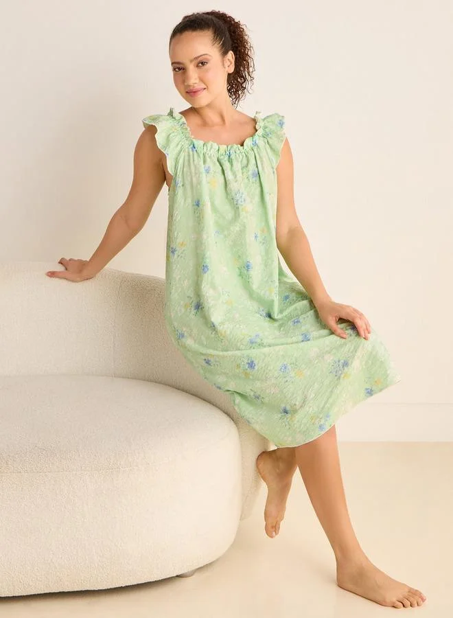 Splash FAV Floral Print Sleeveless Night Dress with Ruffle Detail