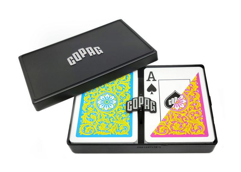 Copag 1546 Neoteric Design 100% Plastic Playing Cards, Poker Size (Standard) Yellow/Pink/Blue Double Deck Set (Jumbo Index) - Image 1
